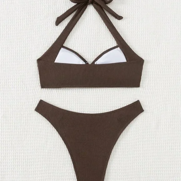 Coffee Brown Sexy Women's Beach Halter Neck Bra & Swim Bottom Bikini Set - Picture 4 of 8